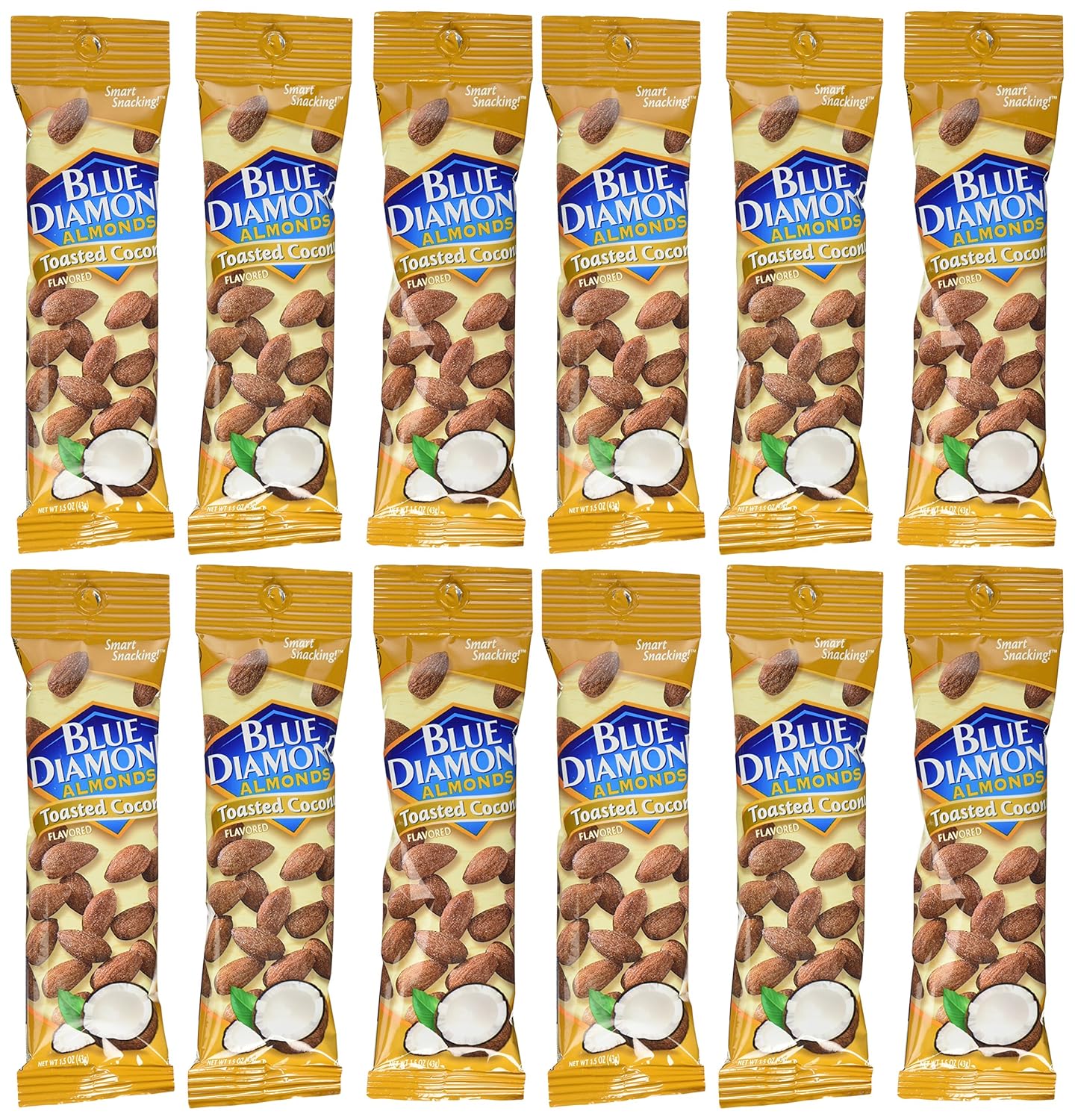 Blue Diamond Toasted Coconut Flavored Almonds, 1.5 oz tubes, 12 tubes each box