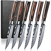 SENKEN Non-Serrated Steak Knife Set with Damascus Pattern - Razor Sharp Straight Edge Blade, Stainless Steel & Wood Handle (Steak Knives Set of 6)