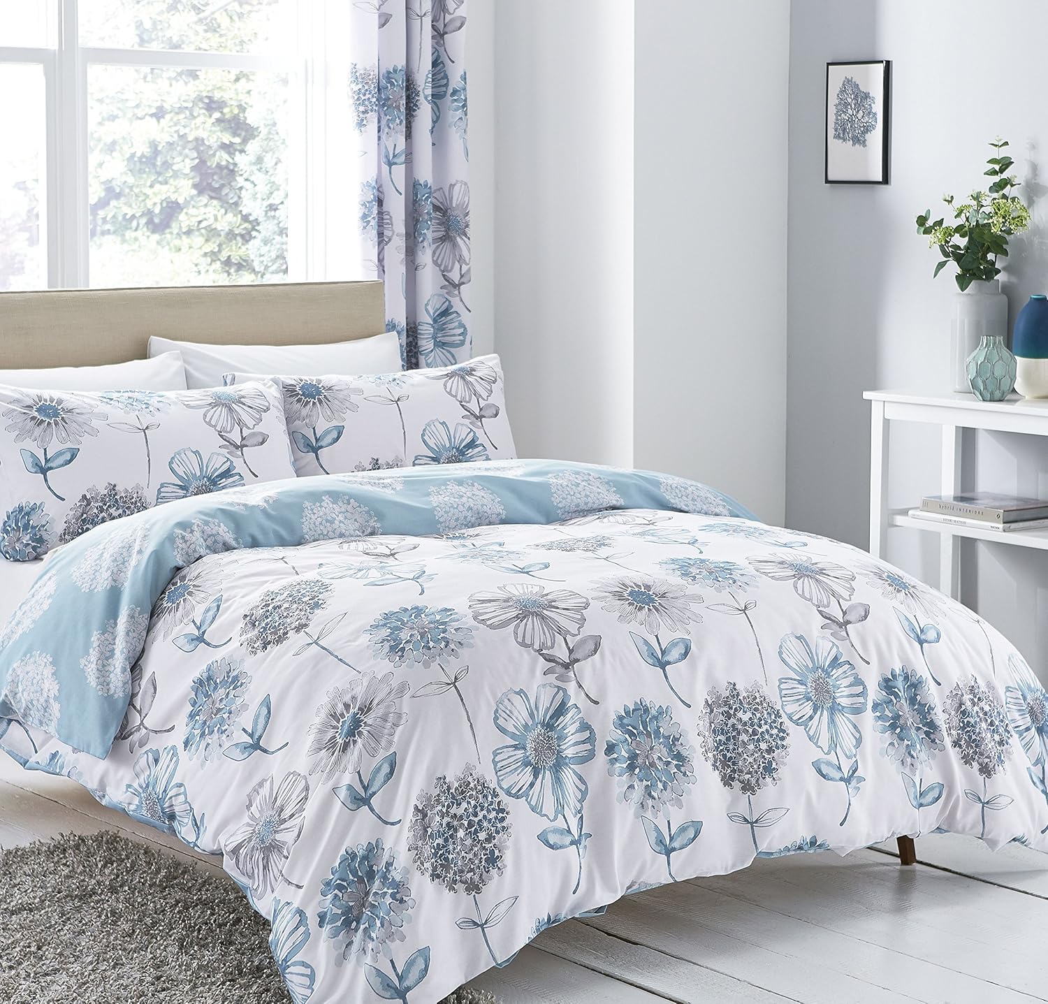 Catherine Lansfield Banbury Floral Easy Care Double Duvet Set Blue