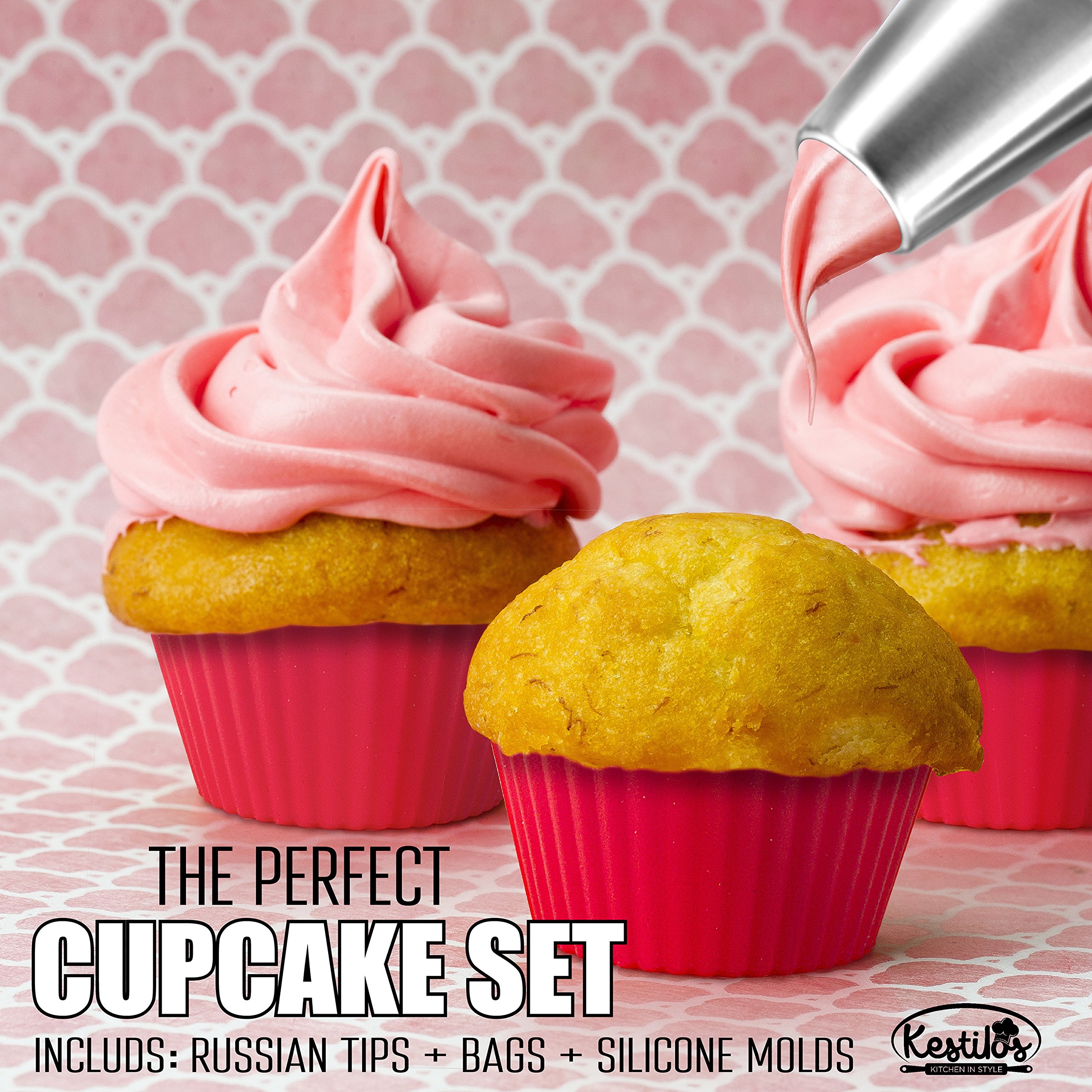 Russian Piping Tips Set By Kestilos – 7 Cake & Cupcake Decorating Icing Nozzles, A 3 Color Coupler, 5 Disposable Pastry Bags & 12 Silicon Cupcakes Molds