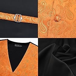 GUSLESON Mens Paisley Orange Gold Suit Vest Tie and