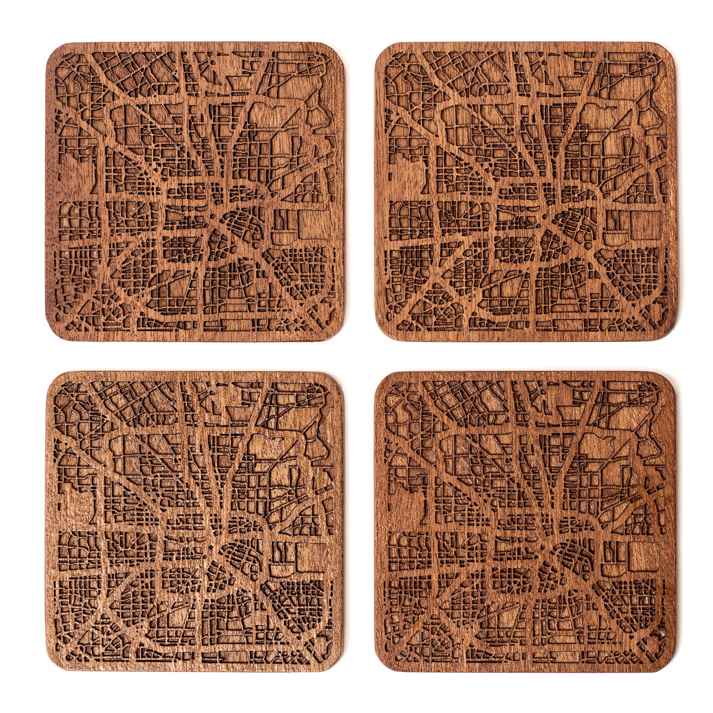 Houston Map Coaster, Set of 4, Sapele Wooden Coaster with City Map, Handmade