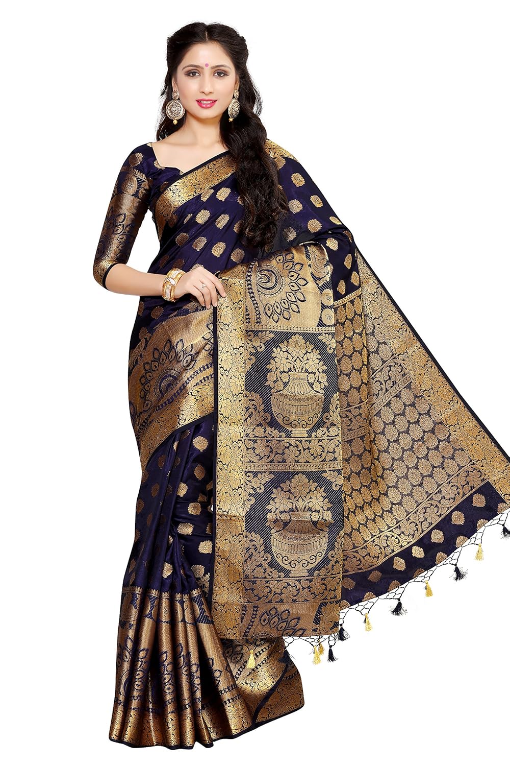 mimosa women's art silk saree with blouse piece (4050-241-sd-nvy,navy blue,free size)