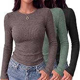Ekouaer Womens Long Sleeve Shirts 3 Pack Ribbed Fitted Thermal Undershirt | Soft Stretch Fabric, Crew Neck Layering Underscrub, Business Casual Outfit, Going Out Basic Tees, Fall Winter Fashion Clothes