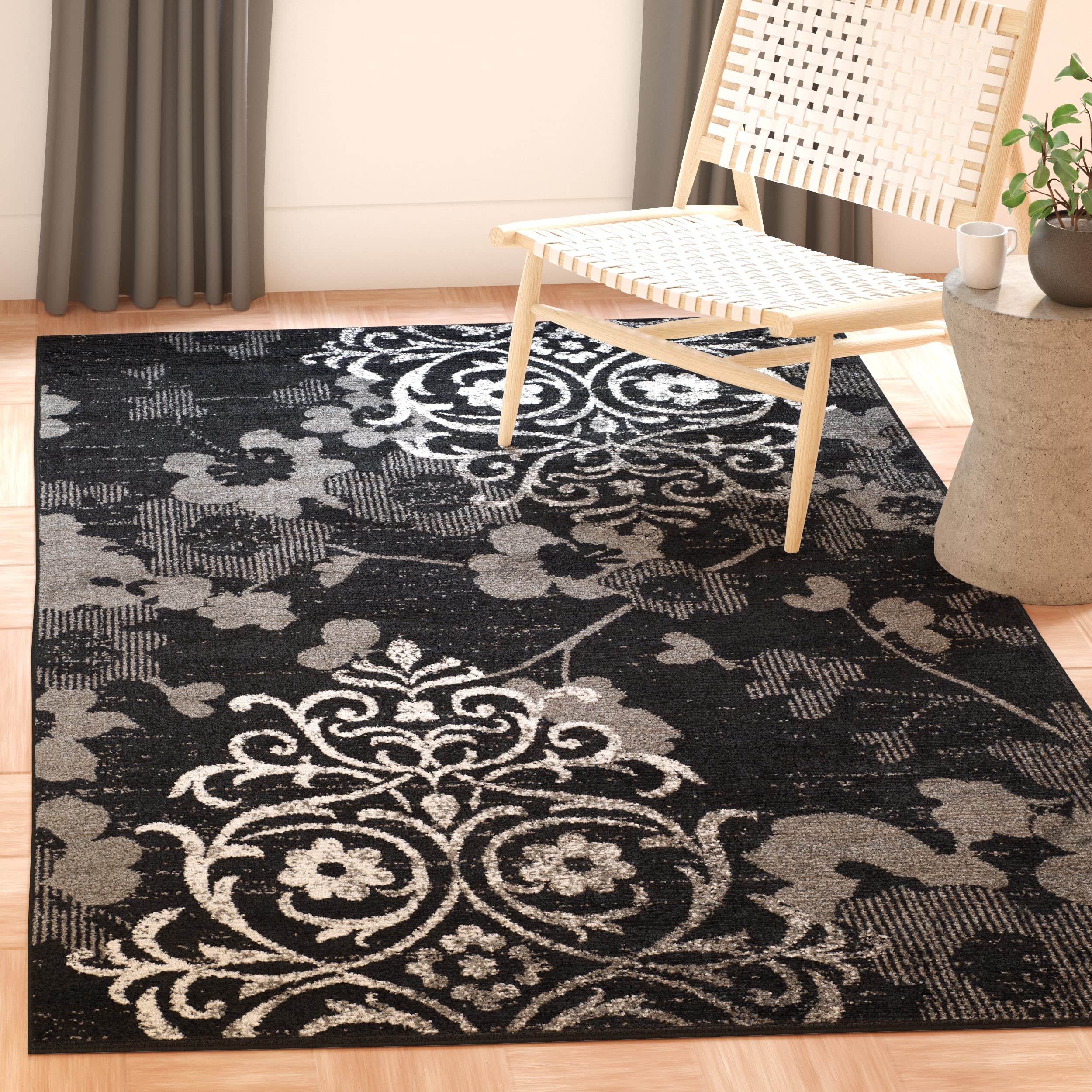 Safavieh Floral Glam Damask Indoor Woven Rectangle Area Rug, Adirondack Collection, ADR114, in Black / Silver, 91 X 152 cm for Living Room, Bedroom or Any Indoor Space โ image 1