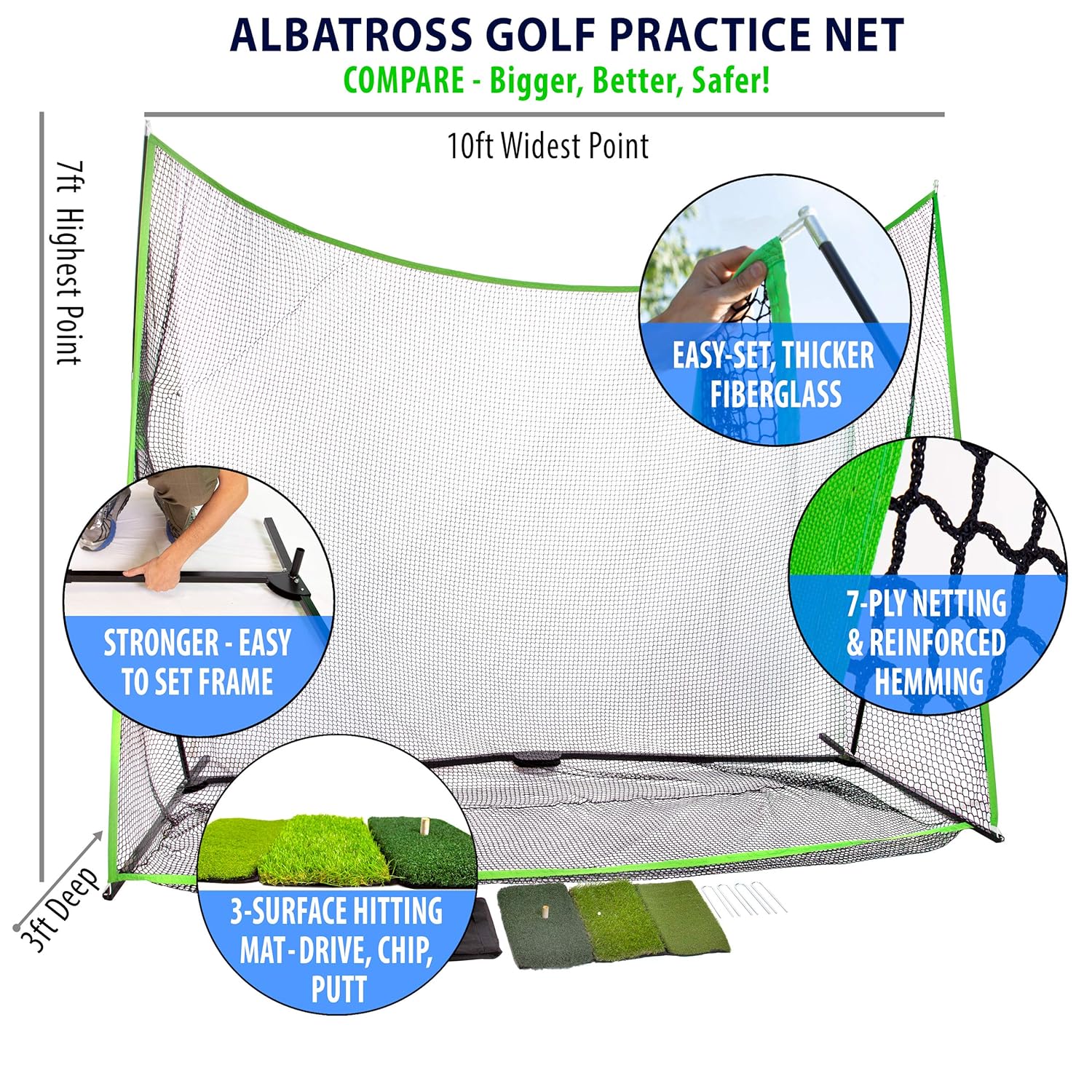 7フィート B07h2l93k7 10フィート Albatross ゴルフ練習用ネット 3フィート ヒッティングマットセット X X 3面 練習ネット 国産品 Xpressgroup Com Au