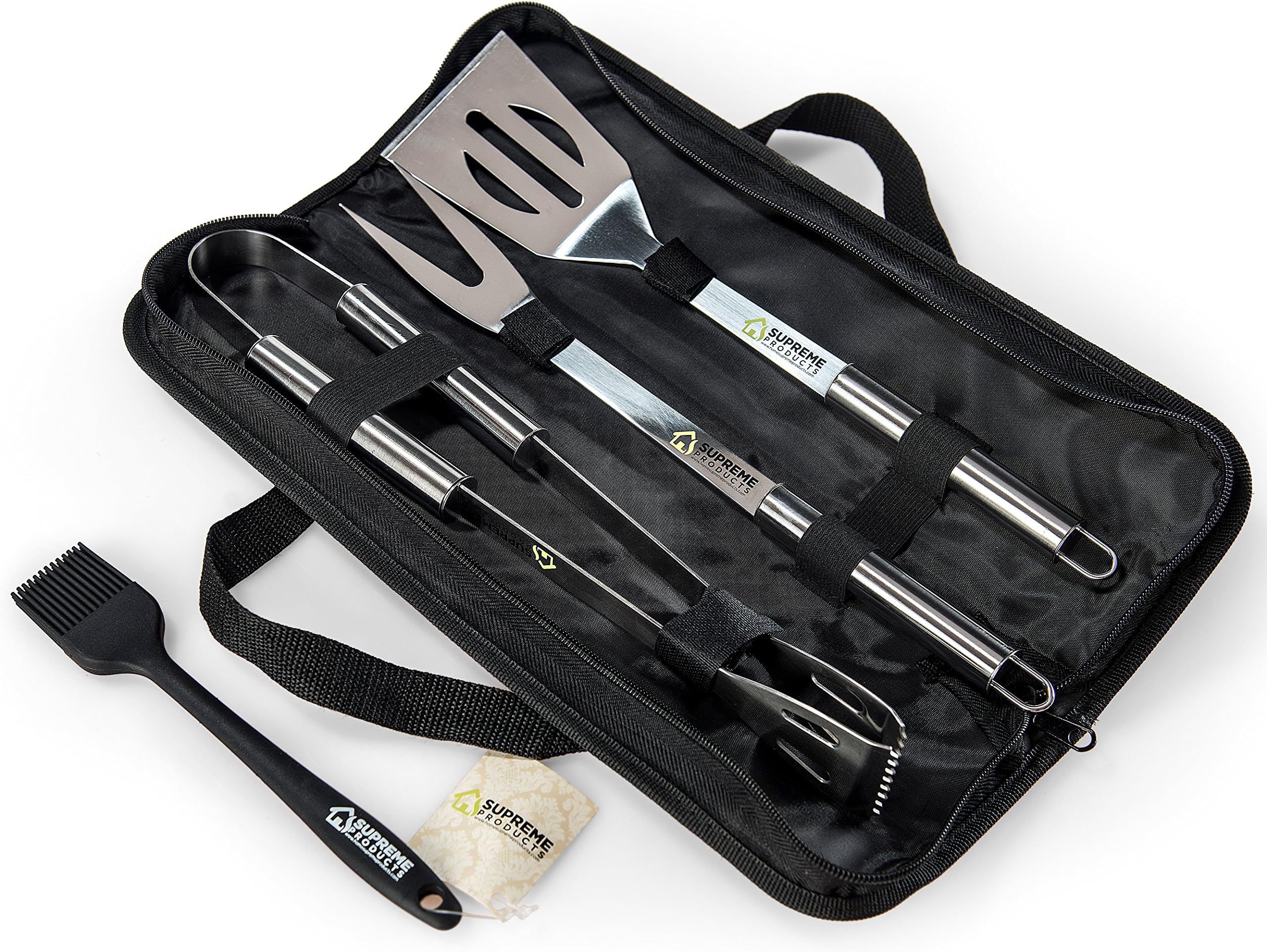 Stainless Steel Grilling Set - Features a Spatula, Tongs and Fork - Perfect for the Grill, BBQ or in the Kitchen - Craft Gorgeous, Barbecue Every Time - BONUS: Silicone Basting Brush + Storage Case