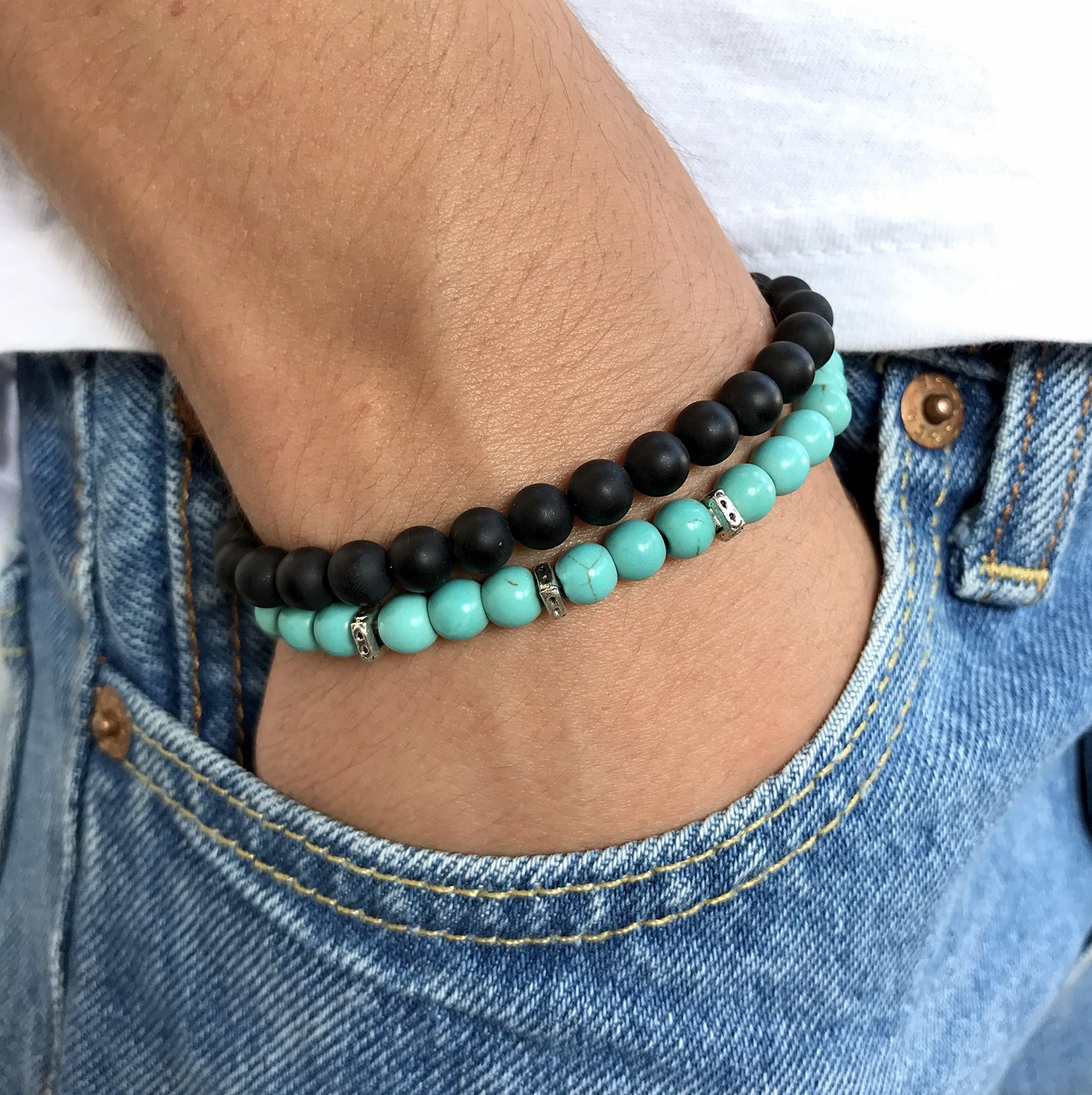 Men Bracelet Stack ,Black Onyx Turquoise 6mm Beaded Stretchy Wristband ,Fashion Handmade Bracelete Set