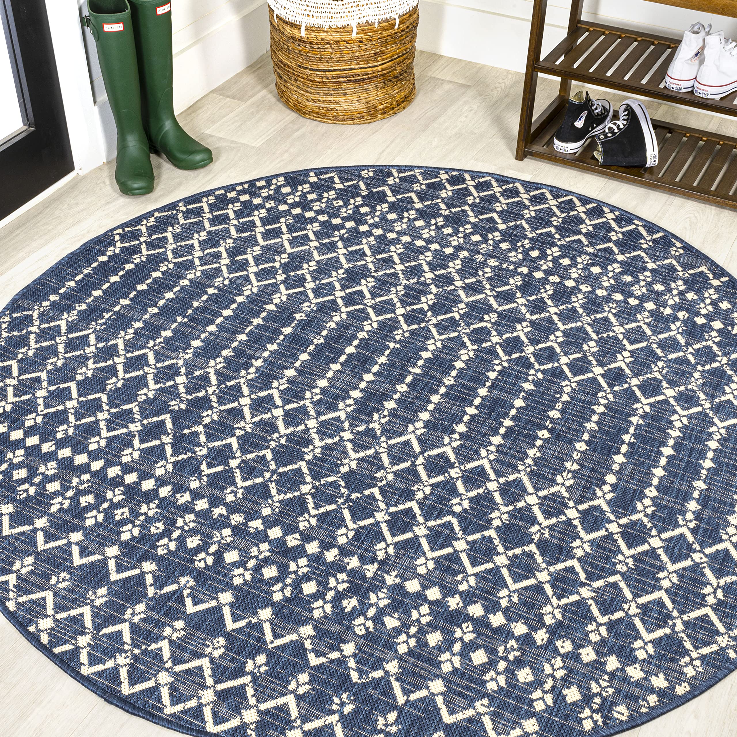 JONATHAN Y Moroccan Geometric Indoor Outdoor Round Area Rug 8 Ft Navy/Beige, Ourika Textured Weave for Backyard, Patio, Porch, Easy-Cleaning, High Traffic, Pet-Friendly, Non-Shedding (SMB108K-8R) Image