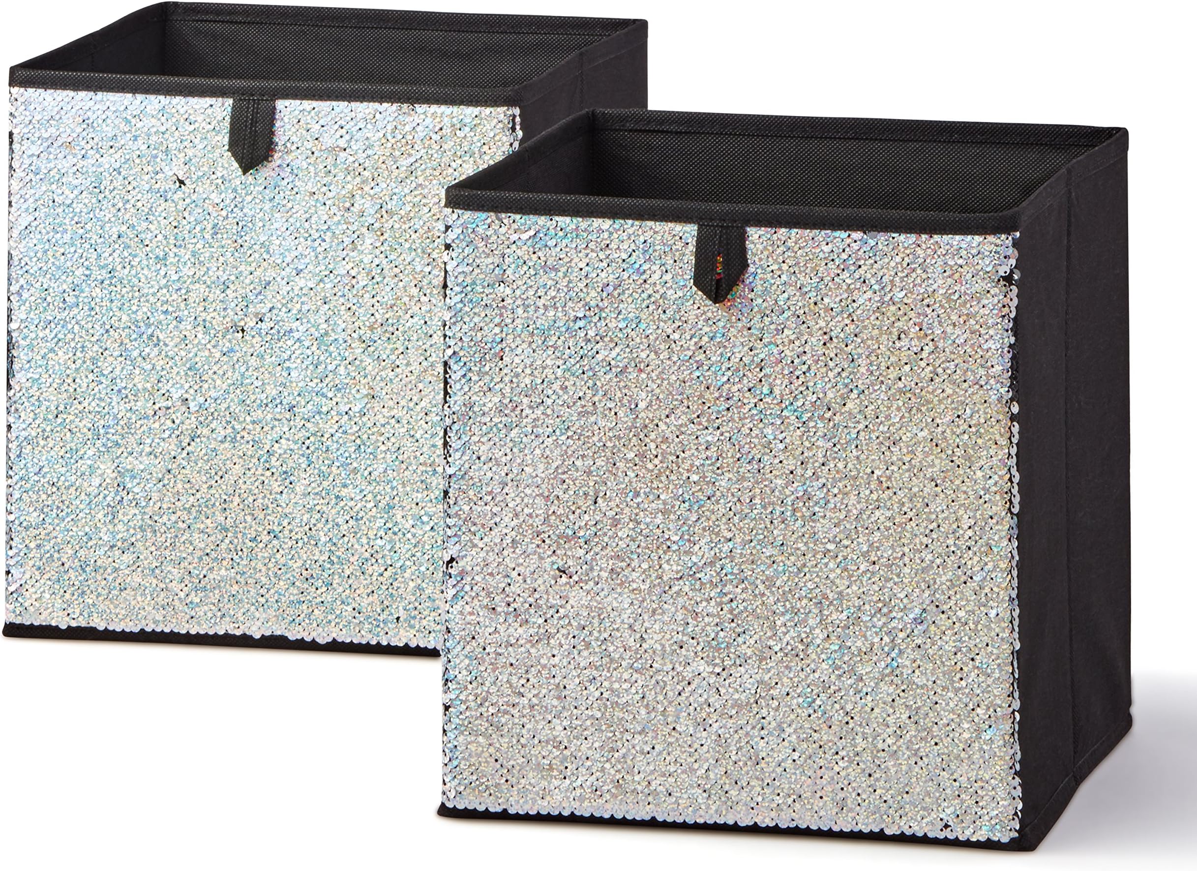 GLITTER SILVER Reversible Sequin Collapsible Storage Cube Bins (10.5 x 10.5), 2 Pack