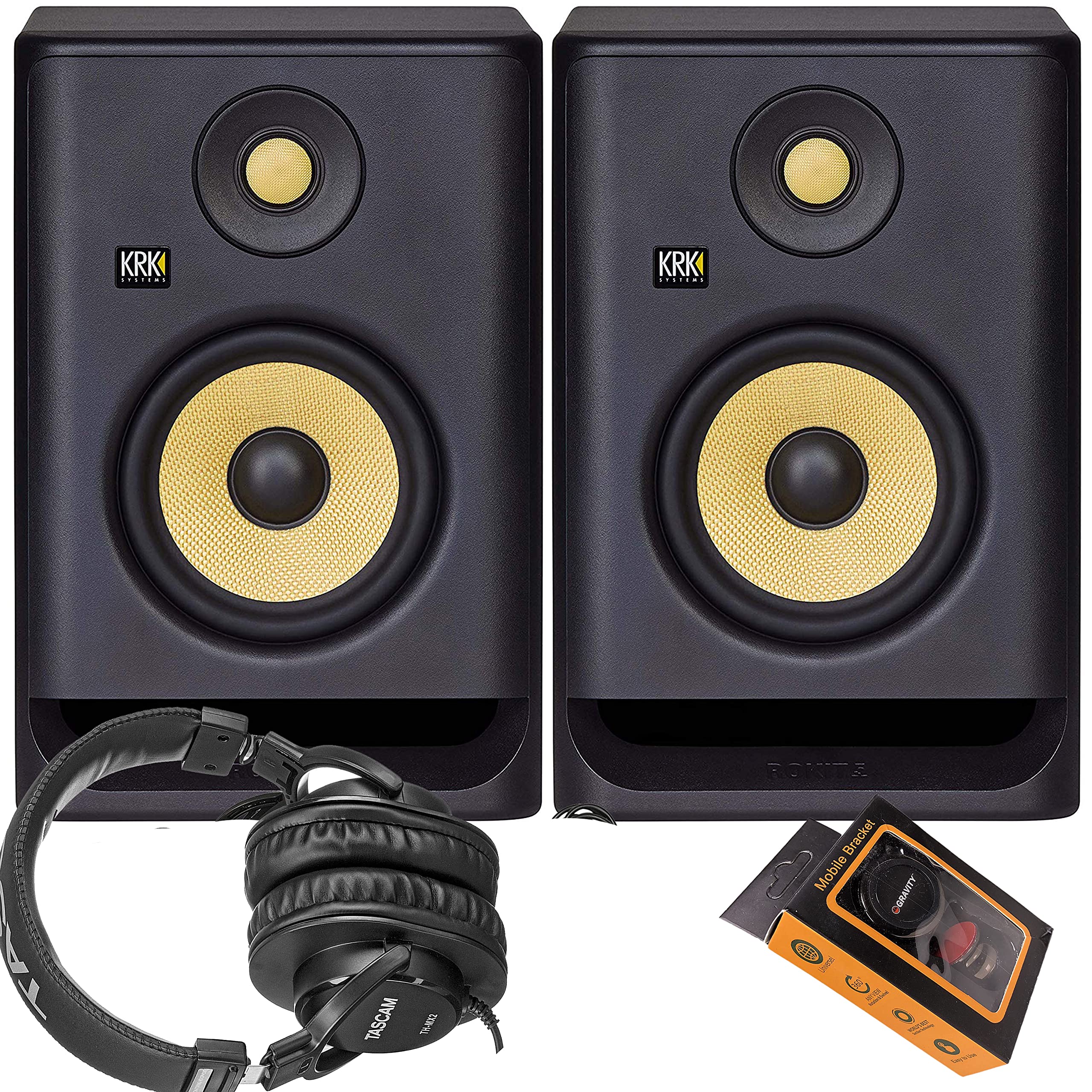 KRK RP5 ROKIT 5 G4 BI-AMP BI-AMPS Professional 5 Pareja de monitor de estudio alimentado + TH-MX2 Auriculares + Tope de teléfono magnet, negro (KRK1205-003)