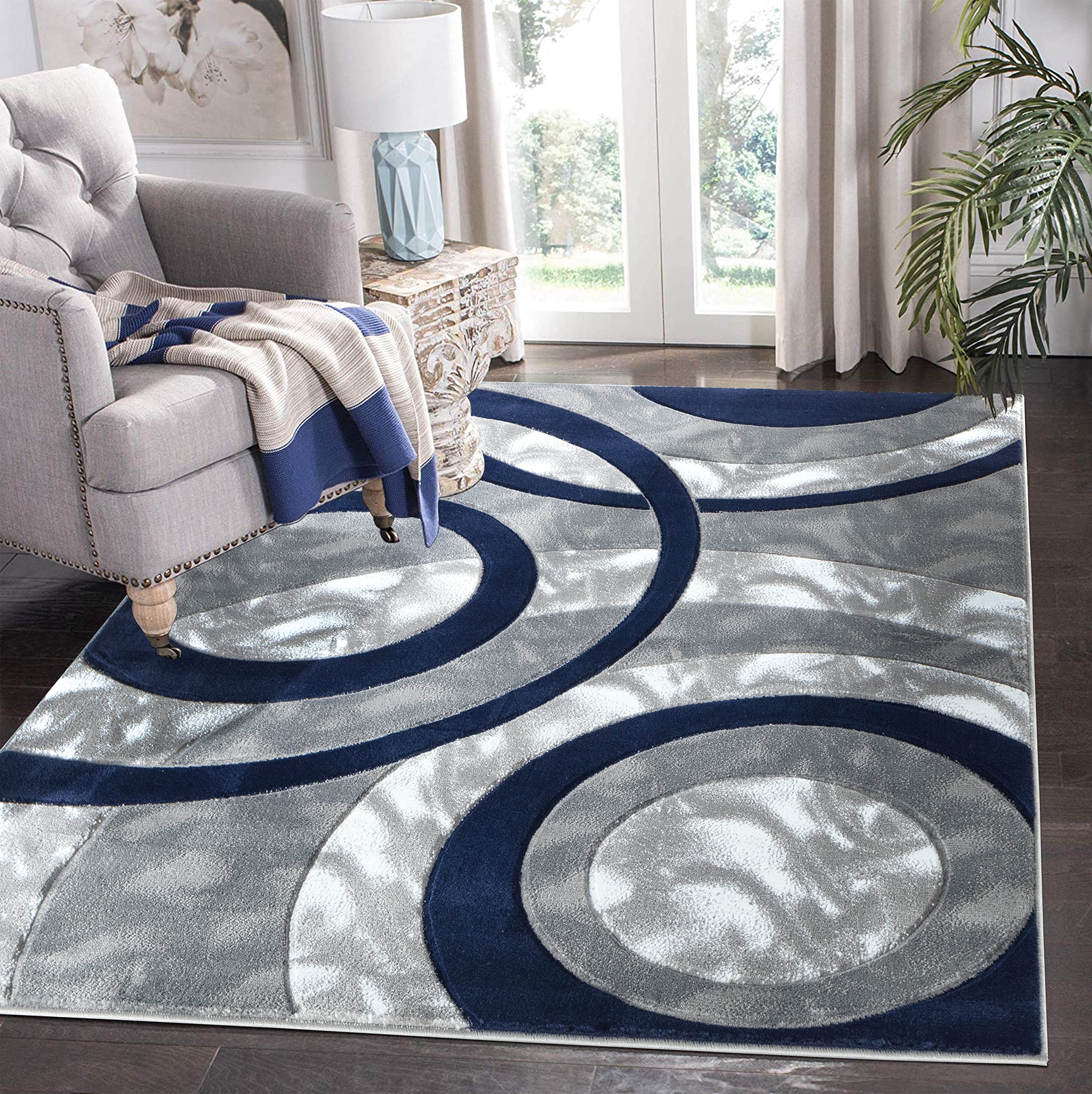 Photo 1 of GLORY RUGS Area Rug Modern 5x7 Navy Circles Geometry Soft Hand Carved Contemporary Floor Carpet Fluffy Texture for Indoor Living Dining Room and Bedroom Area