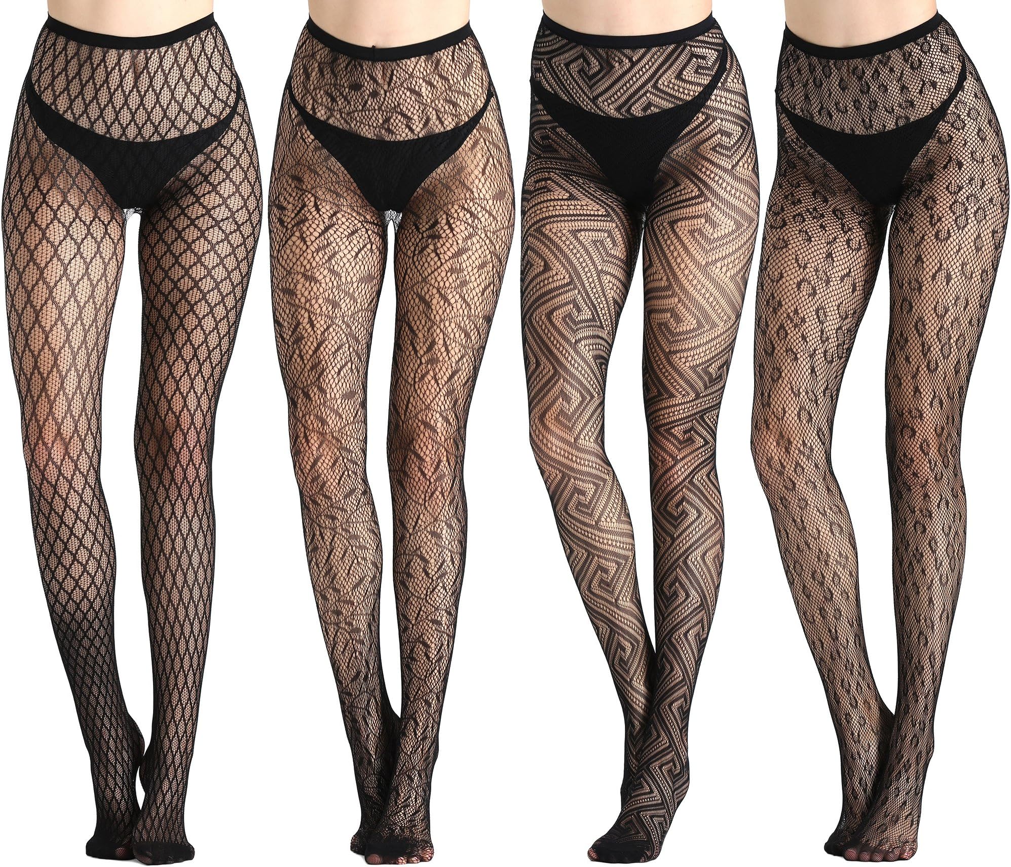 Womens Fishnet Tights Suspender Pantyhose Thigh-High Stockings Black 4 Pairs