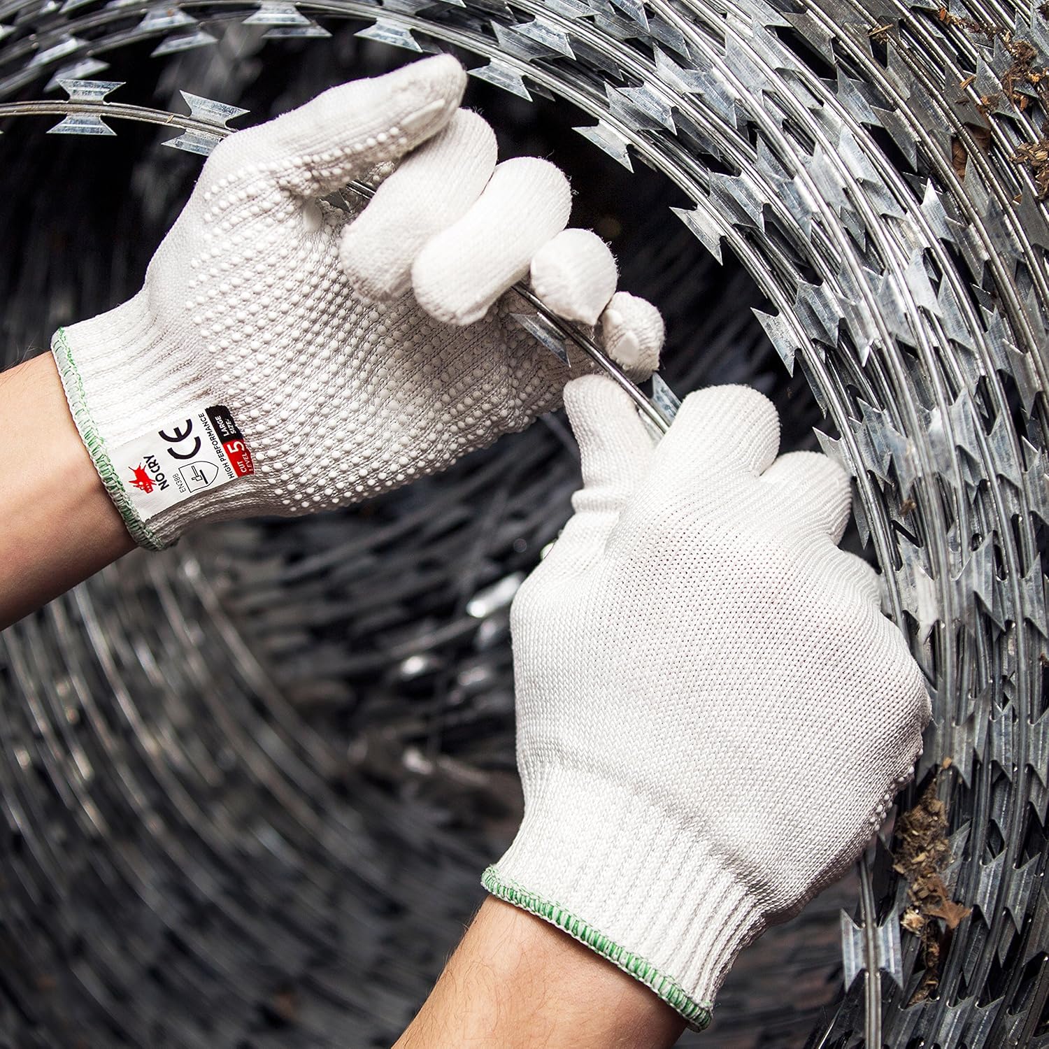 NoCry Cut Resistant Protective Work Gloves with Rubber Grip Dots. Tough and Durable Stainless Steel Material, EN388 Certified. 1 Pair. White (Large): Health & Personal Care