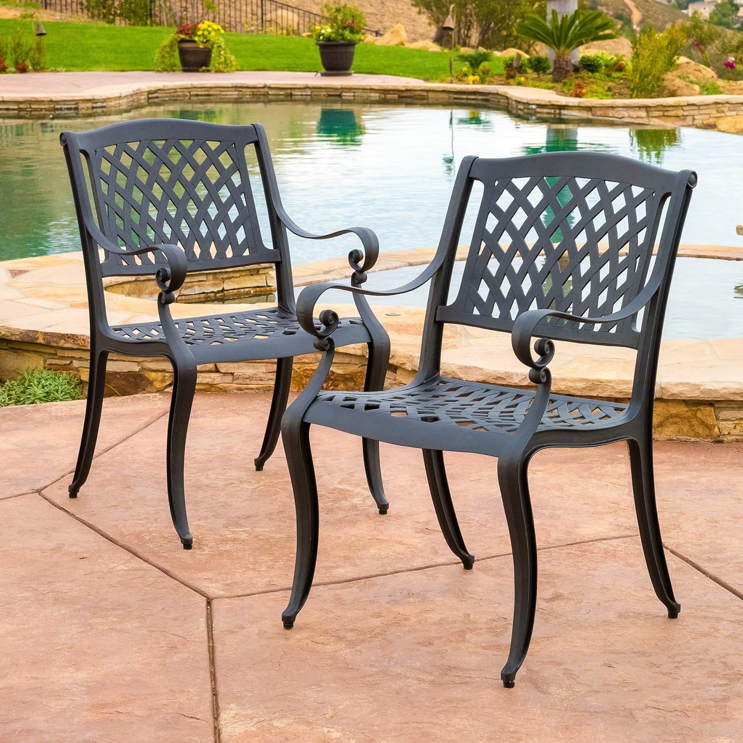 Christopher Knight Home Hallandale Outdoor Cast Aluminum Chairs, 2-Pcs Set, Black Sand: Garden & Outdoor