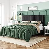 Allewie Queen Bed Frame, Velvet Upholstered Platform Bed with Vertical Channel Tufted Headboard, Mattress Foundation with Strong Wooden Slats, Box Spring Optional, Easy Assembly, Black