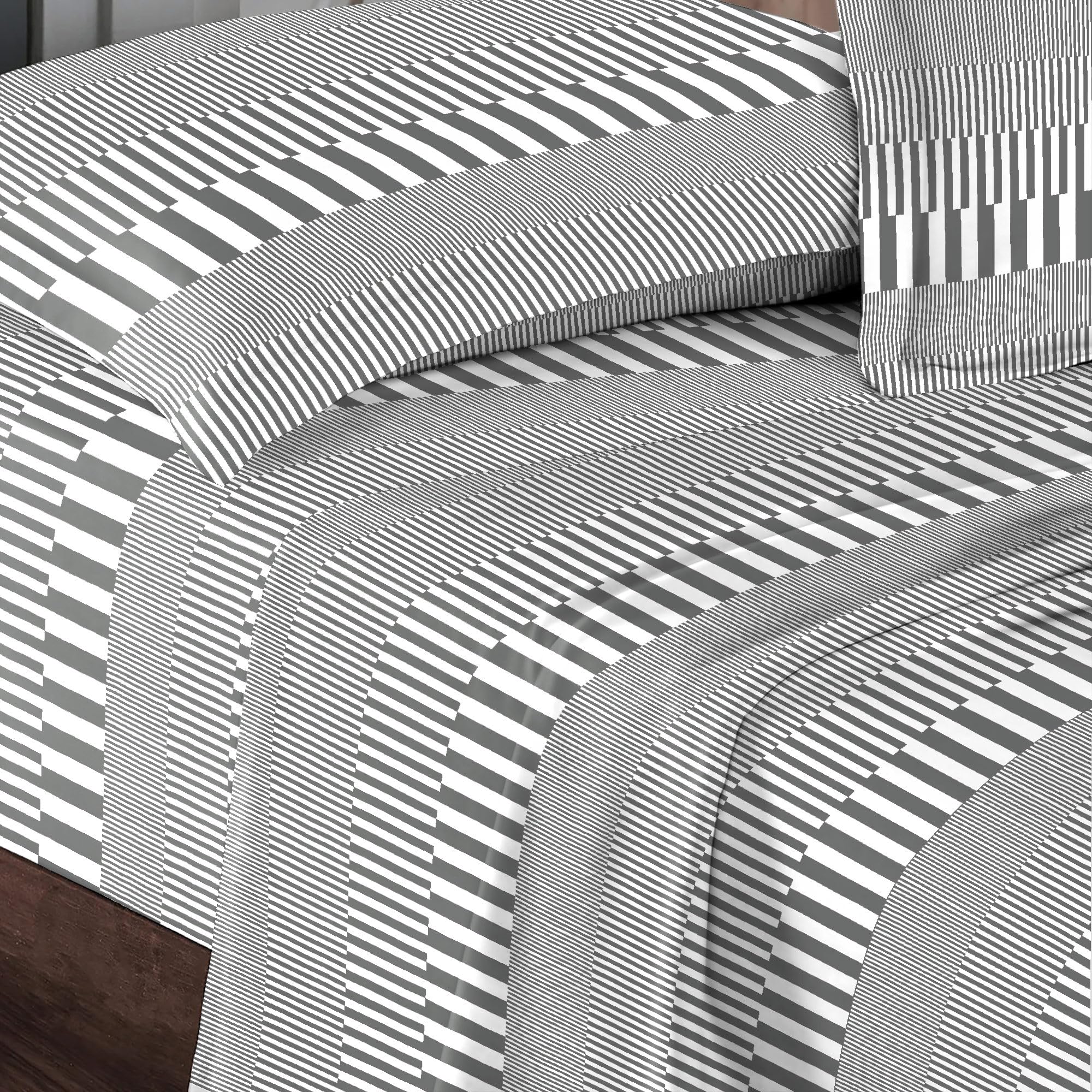 Pizuna Cotton Cascade Stripe Grey Printed Bedding Sets Super King, 400 thread Count 100% Long Staple Cotton Sateen Bed Sheets Includes 1 Fitted Sheet, 1 Flat Sheet, 2 Pillowcases (Printed Bed Sheets)