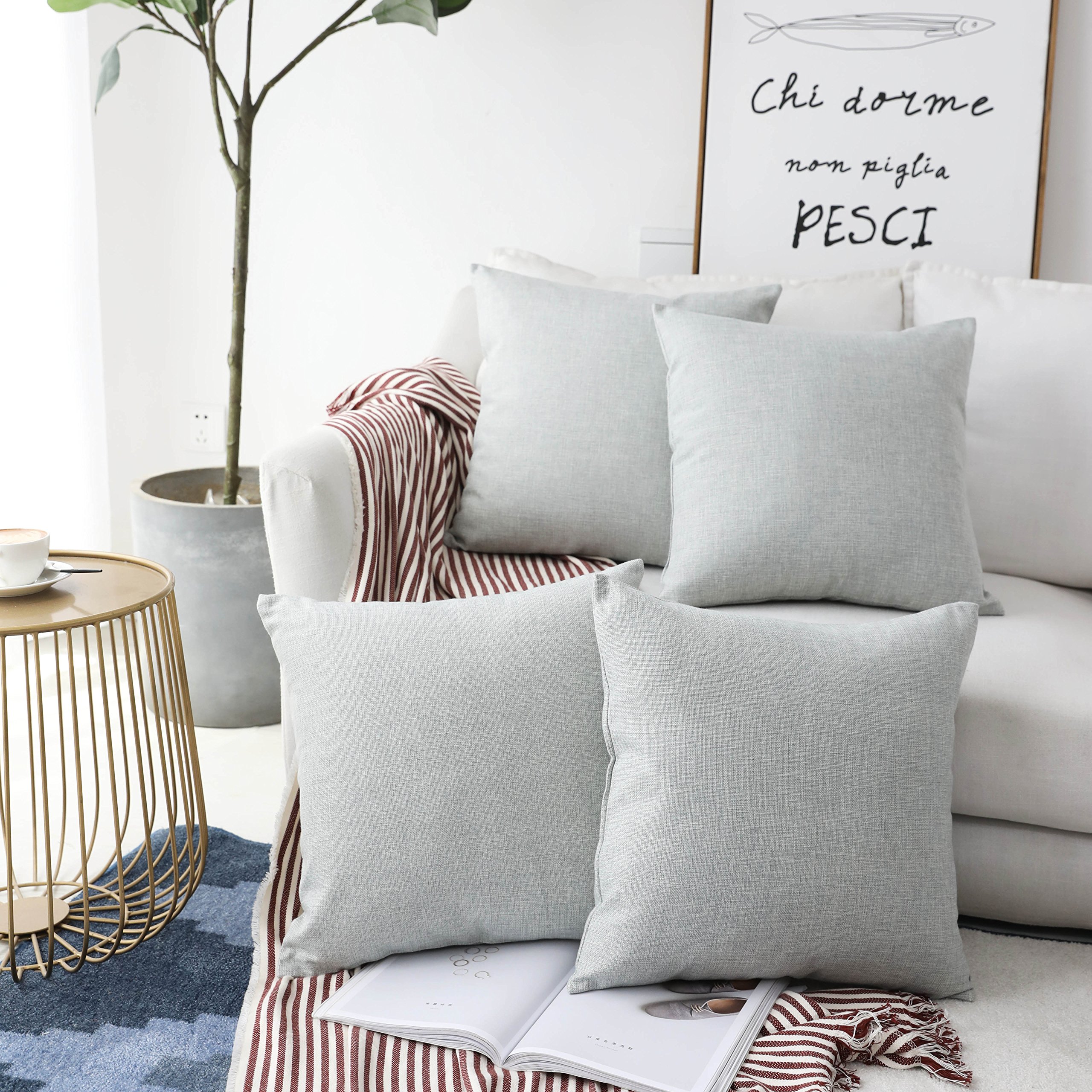 Home Brilliant Cushion Covers 45x45 Set of 4 Decorative Woven Fine Faux Linen Pillowcase for Sofa, Light Grey,18 inch — image 1
