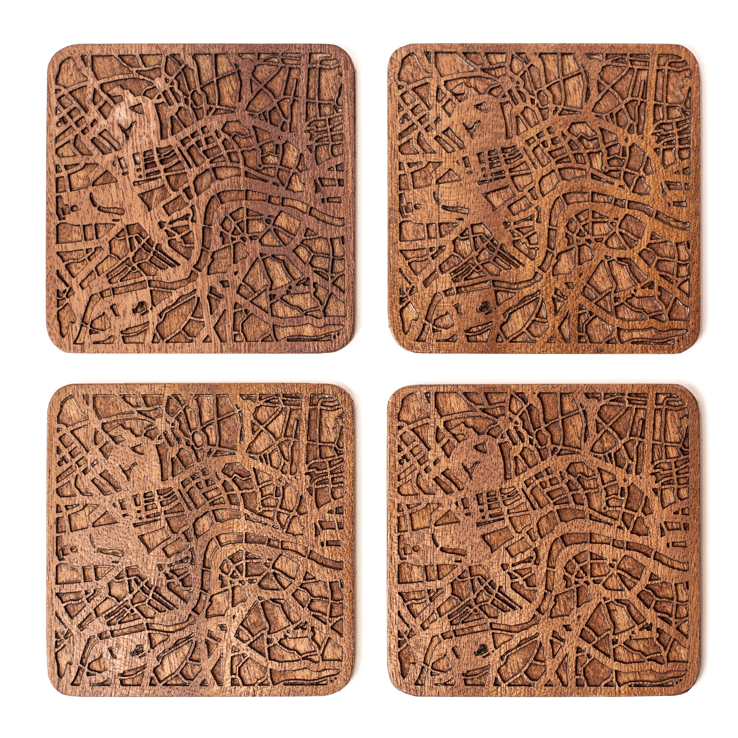 London Map Coaster, Set Of 4, Sapele Wooden Coaster With City Map, Handmade