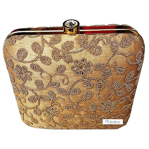 Unibrand Golden Sec on beige Square Designer Handmade Box Clutch by The Indian Handicraft Store (With Freebie)