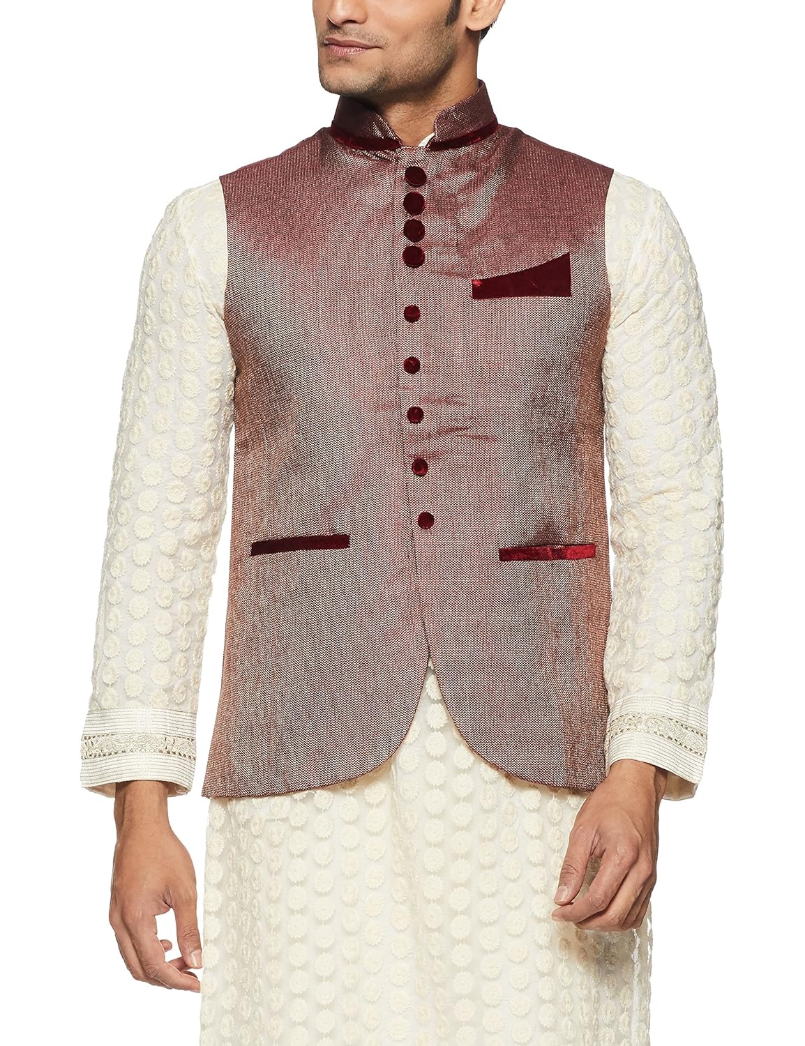 manu men's banded collar art silk waist coat