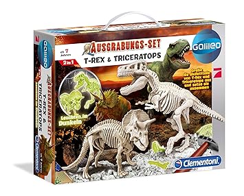 Clementoni 69408.2 - Galileo - Ausgrabungsset T-Rex und Triceratops fluoreszierend, Experimentierkaesten