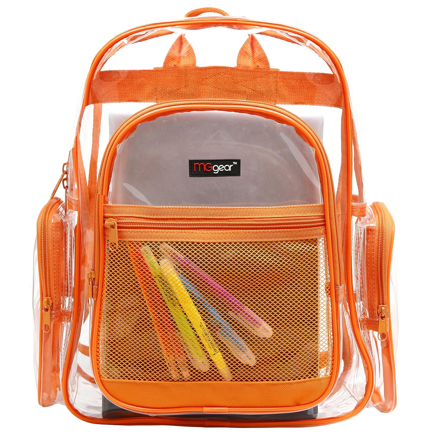 MGgear Clear School Backpack with Orange Trim Transparent PVC Book Bag