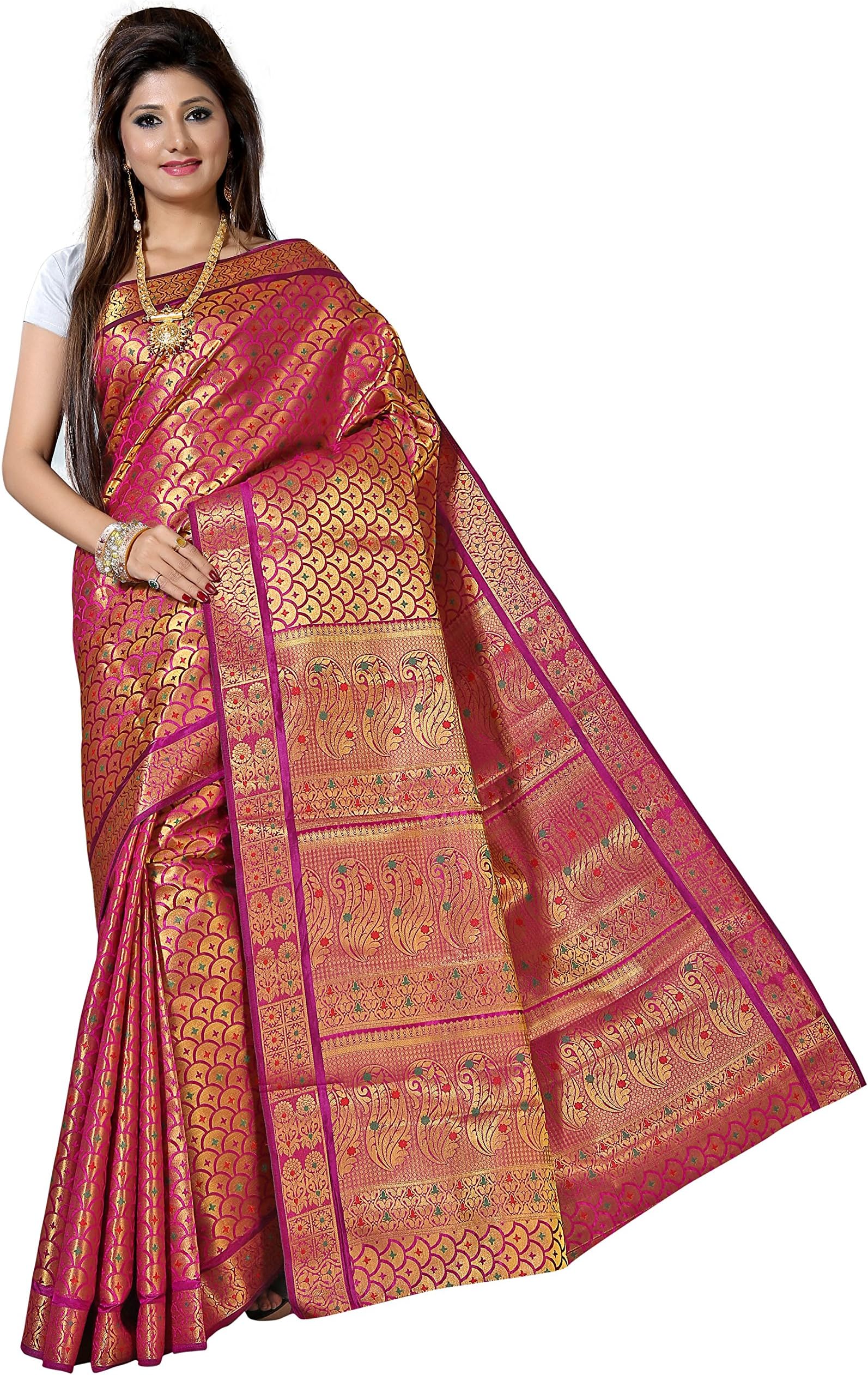 Alankrita Self Design Kanchipuram Art Silk Brocket Saree Rani Color