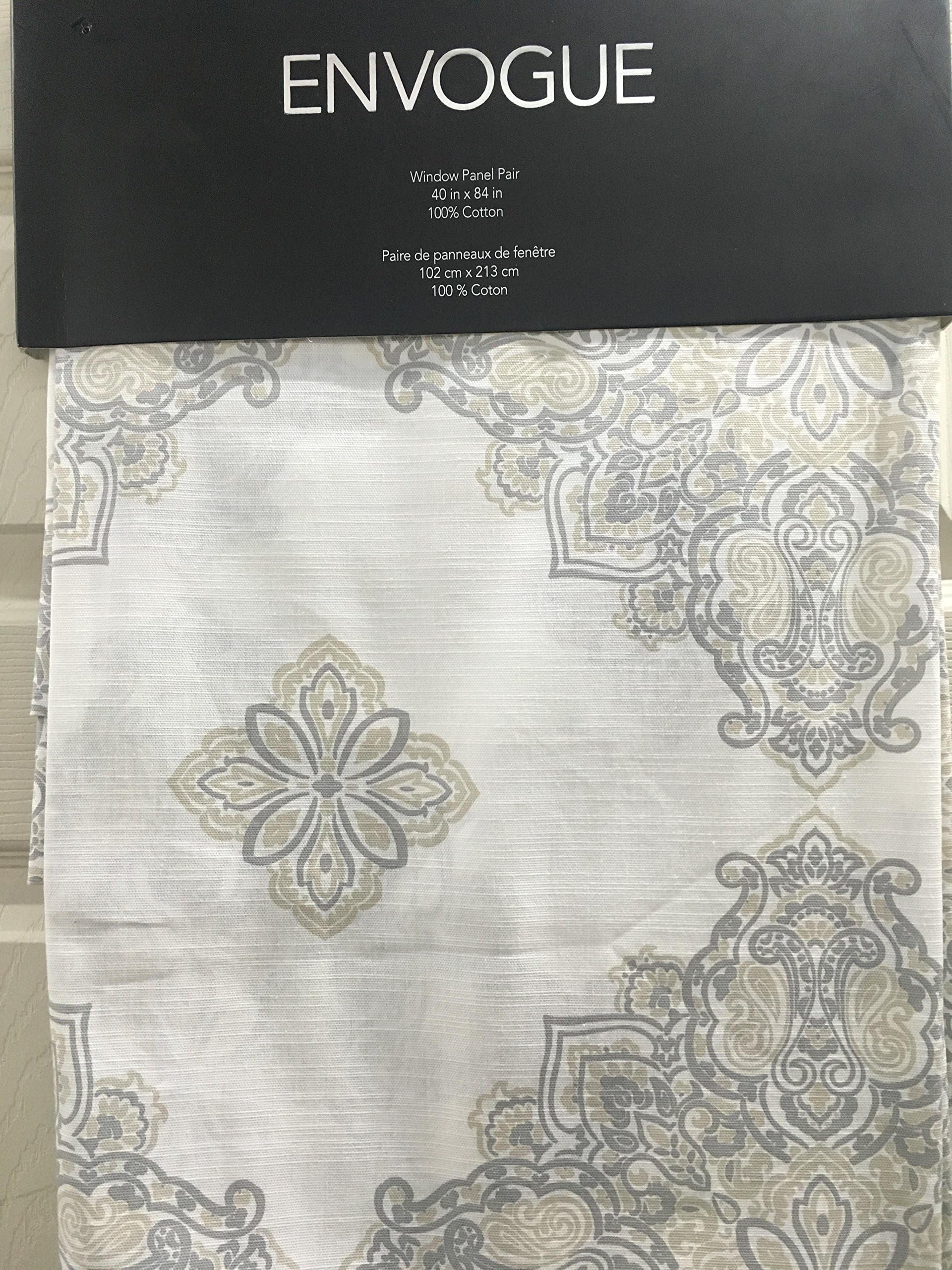 ENVOGUE Pair of Window Panels Set of 2 Beige & Gray Medallions on Ivory White 40 X 84