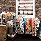 Lush Decor Boho Stripe Reversible Cotton Quilt 3-Piece Set, Full/ Queen, Turquoise & Tangerine - Bold Colorful Bohemian Bedding Set