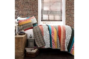 Lush Decor Boho Stripe Reversible Cotton Quilt 3-Piece Set, King, Turquoise & Tangerine - Bold Colorful Bohemian Bedding Set