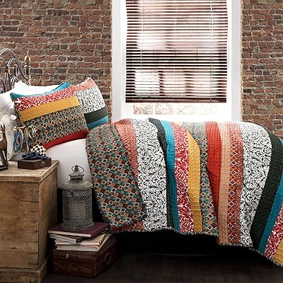 Lush Decor Boho Stripe Quilt Reversible 3 Piece Bohemian Design Bedding Set - King - Turquoise and Tangerine