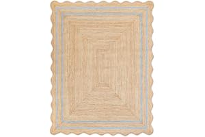 Weaving Village Wave Scalloped Natural Jute Rug - Boho Entryway Runner, Farmhouse Scallop, Sky Blue (2'x3')