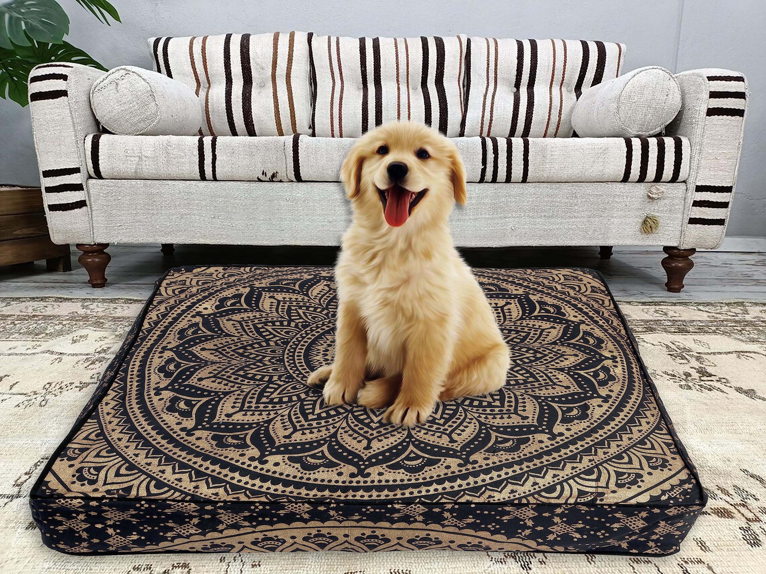 Black Gold Printed Mandala Floor Cushion 35x35 LARGE Pillow Cover, Boho Hippie Bohemian Oversize Seating Chic dog bed Indian Pouf Ottoman Handmade COVER ONLY (Ombre Black Gold)