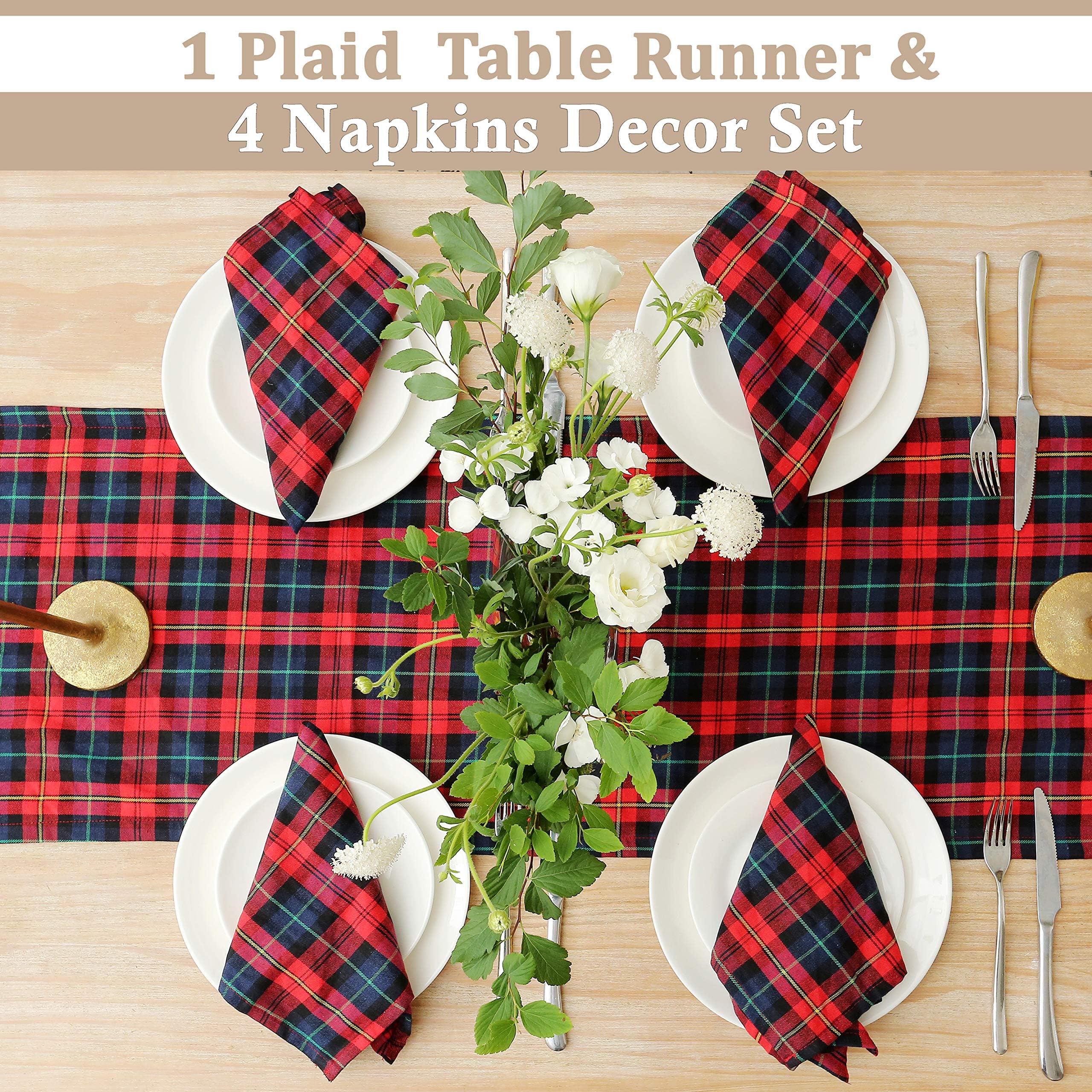 Table Runner and 4 Napkins - Red Tartan Pattern for Christmas - 110 Inch x 14 Inch Runner and 17 Inch x 17 Inch Napkins - in Gift Box (Red Tartan Plaid Design)