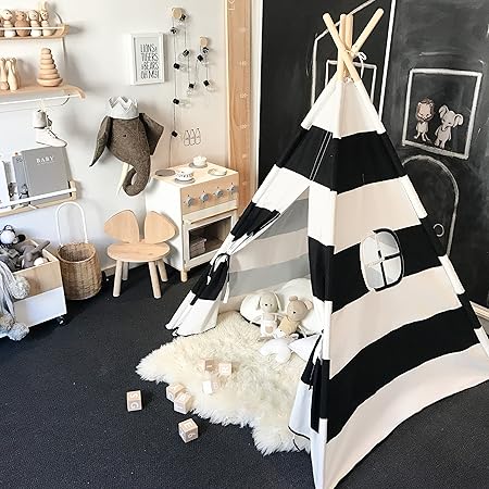 Tiny Land Tipi Spielzelt für Kinder Baumwolle - Segeltuch Kinderzelt Indianer (Schwarze Streifen)