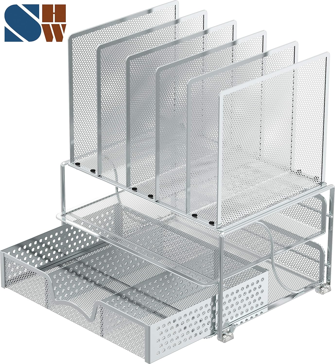 SimpleHouseware Mesh Desk Organizer with Sliding Drawer, Double Tray and 5 Upright Sections, Black : Office Products