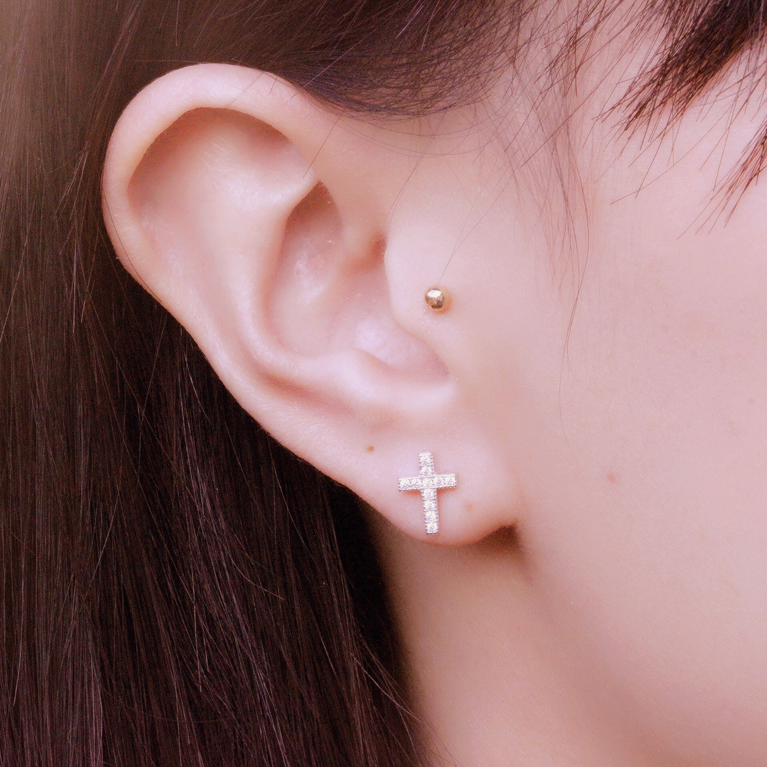 Spoil Cupid Rhodium-Plated Sterling Silver Cubic Zirconia Classic Mini Cross Stud Earrings