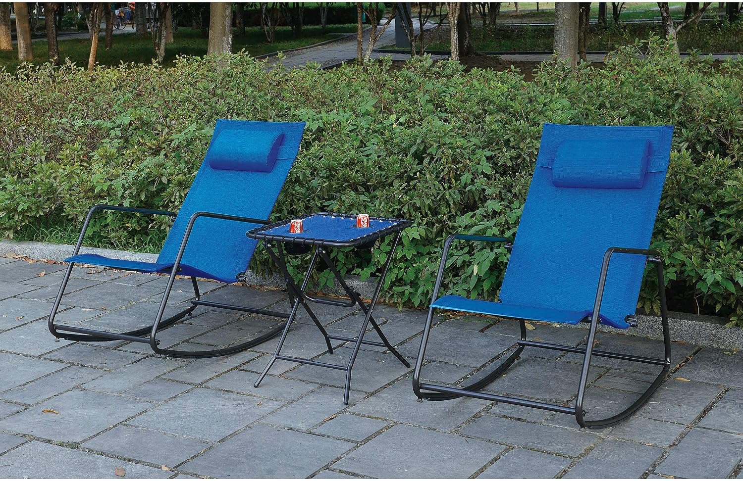 Amazon Com Poundex Lizkona Blue Steel And Fabric Outdoor All Weather Rocking Chair Set Of 2 Garden Outdoor