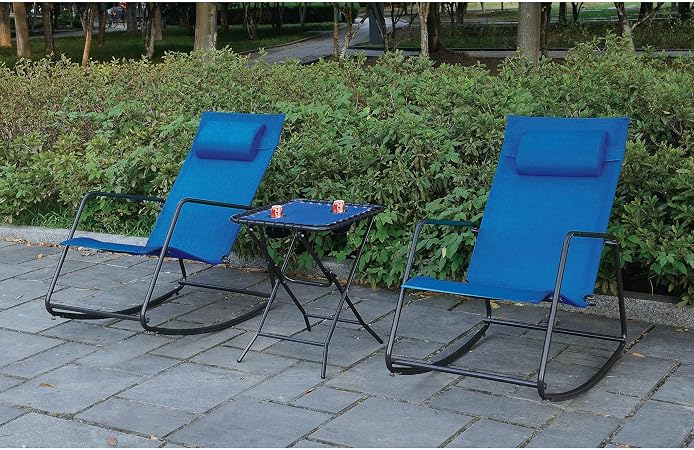 Amazon Com Poundex Lizkona Blue Steel And Fabric Outdoor All Weather Rocking Chair Set Of 2 Garden Outdoor