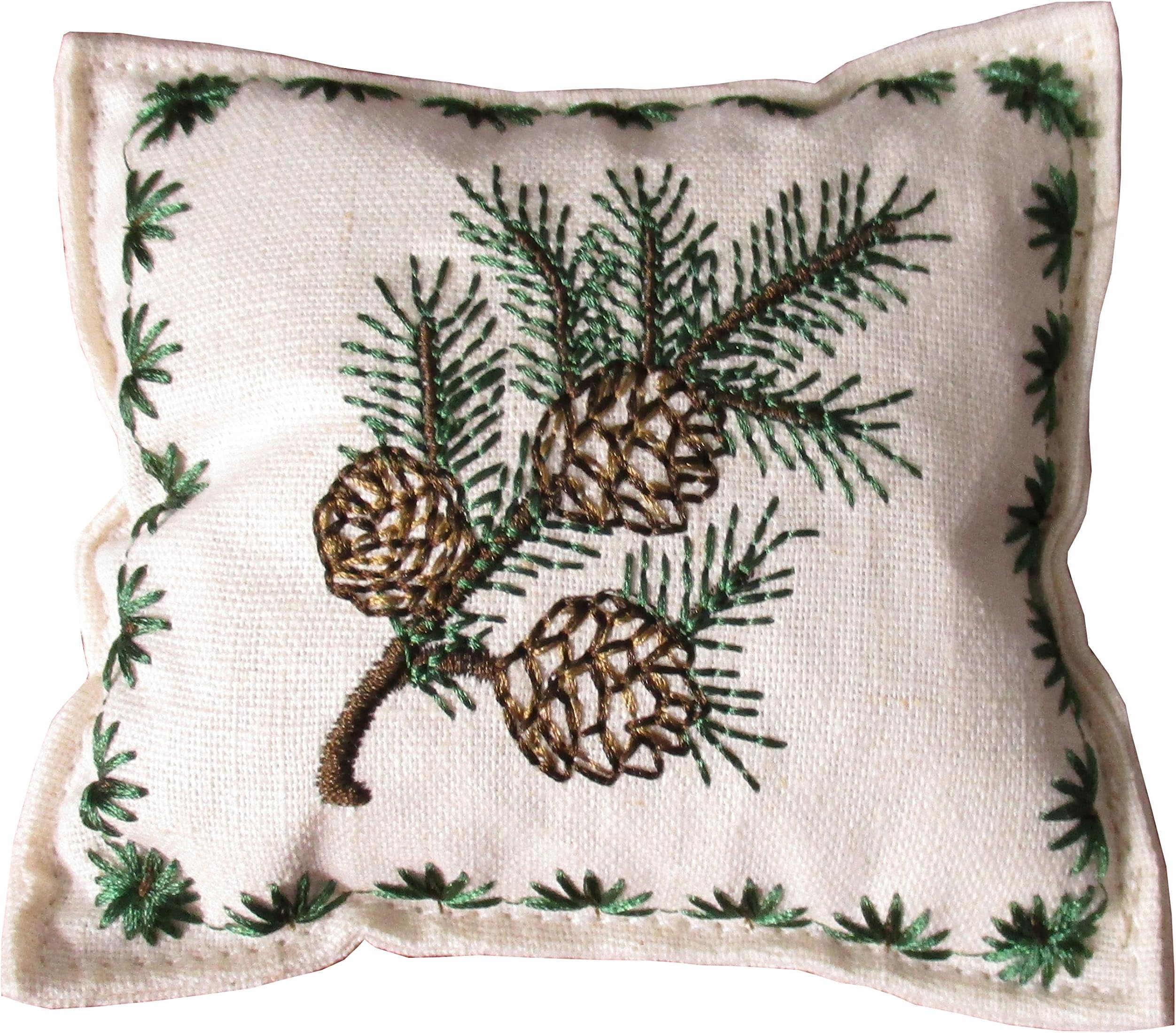 Hemlock and Pine Cones Embroidered 4 X 4 Inch Balsam Filled Pillow.