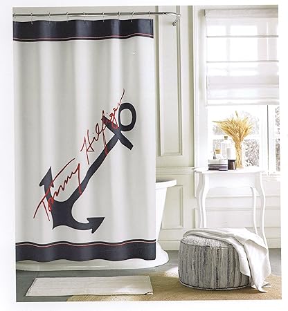 Tommy Hilfiger Cotton Shower Curtain Wide Stripes Fabric Shower
