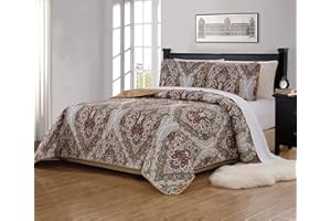 Linen Plus Quilted Bedspread Set Oversized Reversible Coverlet Floral Taupe Brown Green New (Full/Queen)
