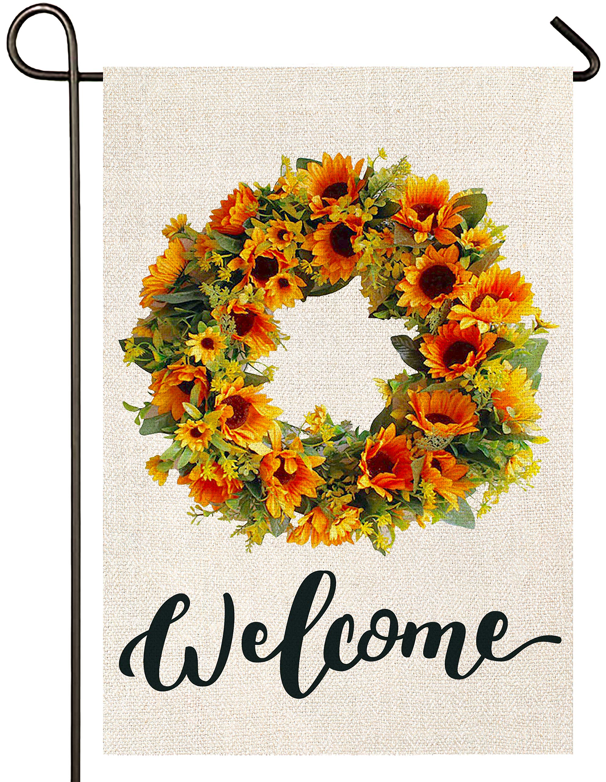 Atenia Sunflower Garden Burlap Flag, Double Sided Sunflower Wreath Welcome Sign Garden Outdoor Yard Flags for Summer Decor (Garden Size - 12.5X18)