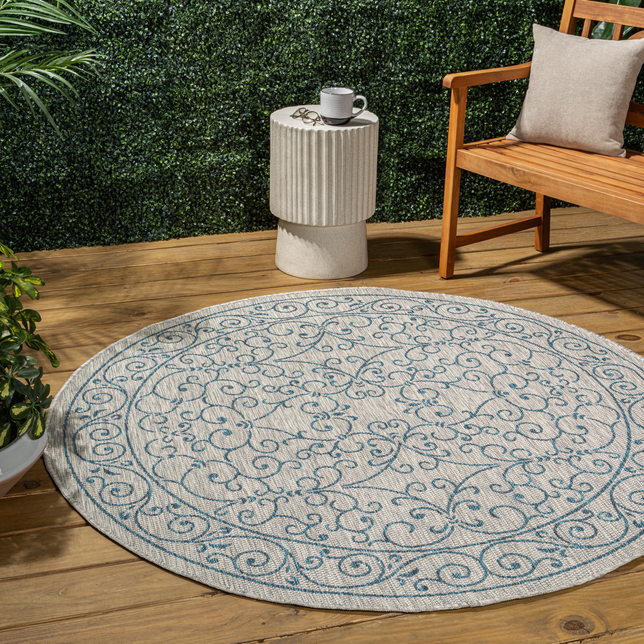 JONATHAN Y Vintage Filigree Indoor Outdoor Round Area Rug 8 Ft Gray/Teal, Charleston Textured Weave for Backyard, Patio, Porch, Easy-Cleaning, High Traffic, Pet-Friendly, Non-Shedding (SMB106E-8R) Image