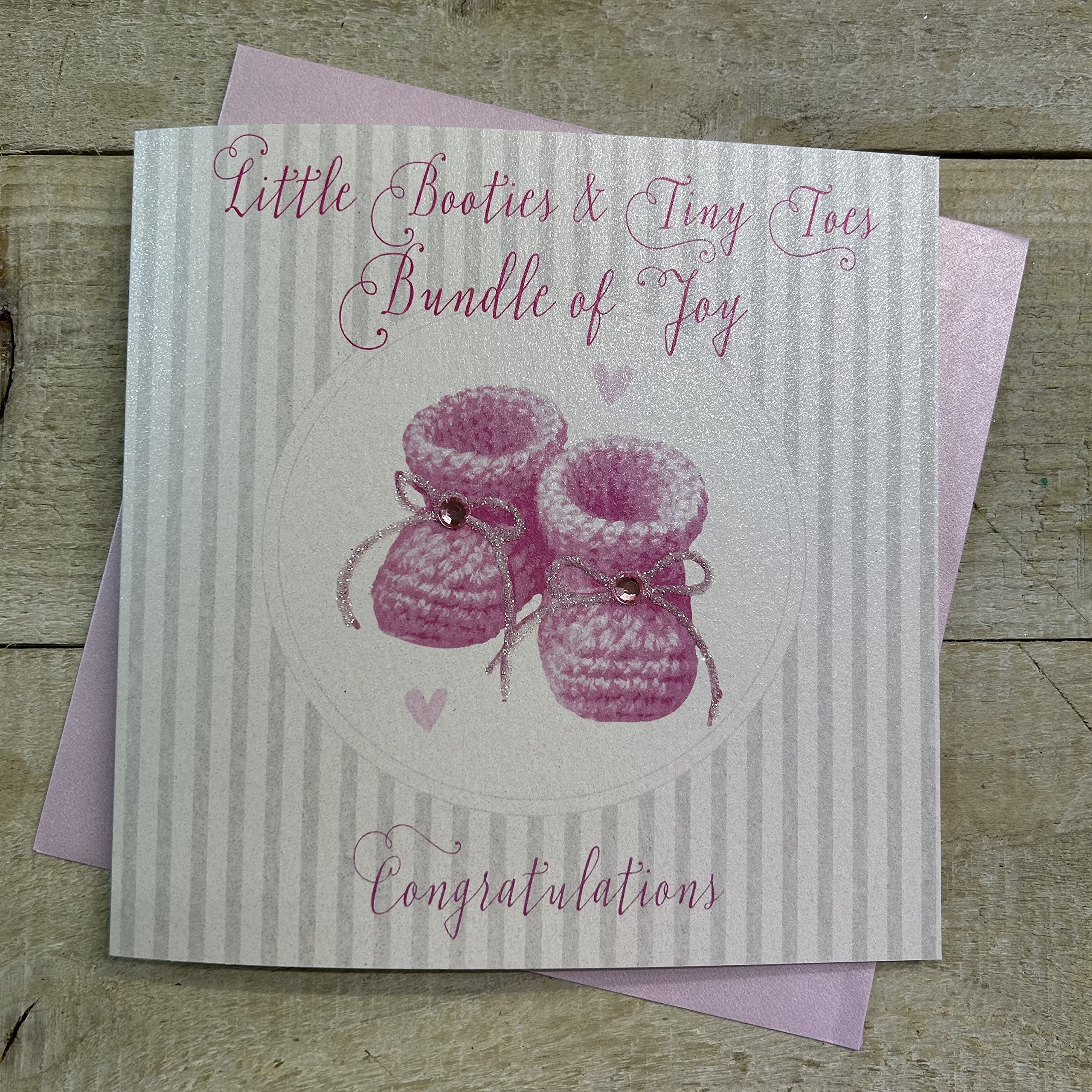 White Cotton Cards Little Tiny Toes Bundle of Joy Congratulations, Handmade New Baby Girl Card (Pink Booties)