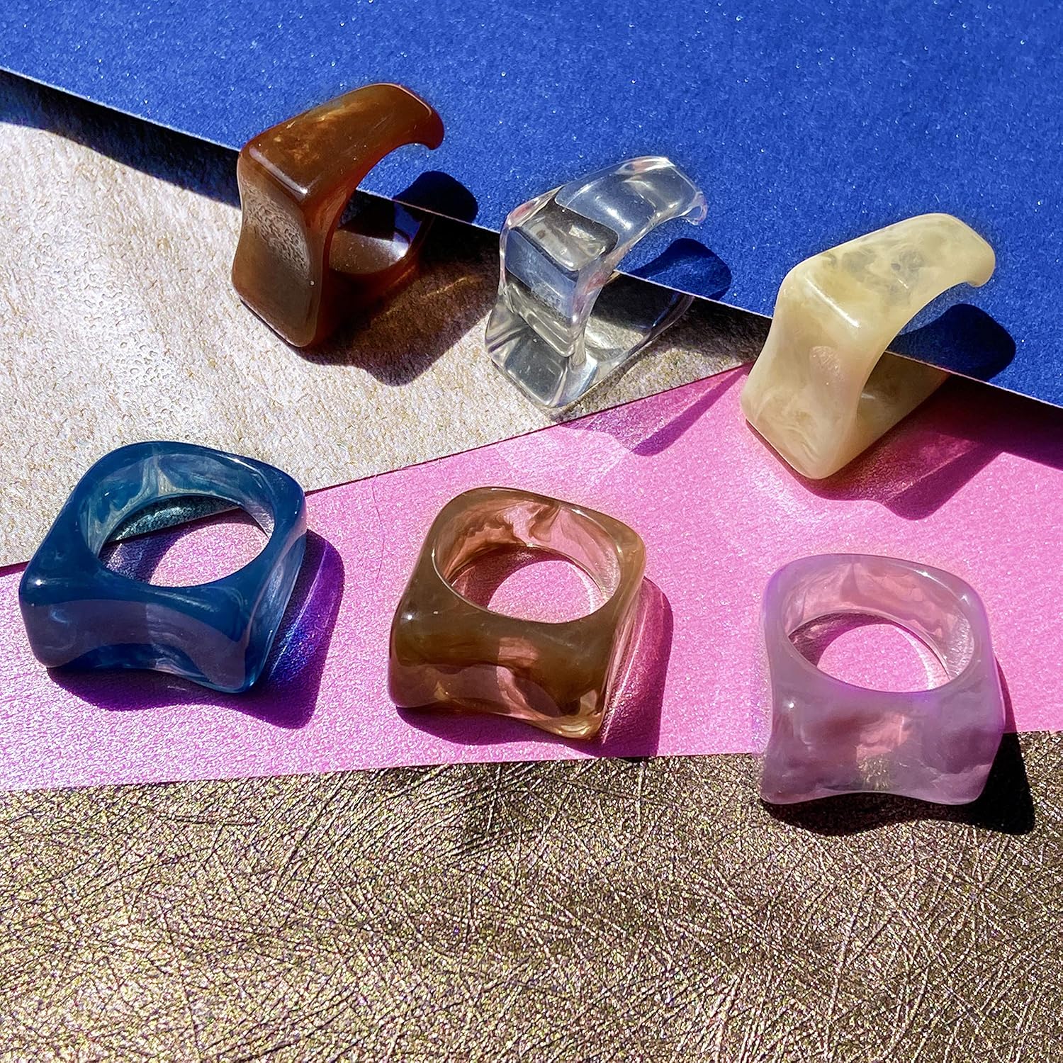 Chunky Rings Colorful, Resin Acrylic Ring for Women Teen Girls, Y2K Plastic Rings, Vintage Stacking Rings, Cute Square Transparent Dark Brown Purple Blue Brown Beige Black White Rings, Trendy Jewelry: Clothing