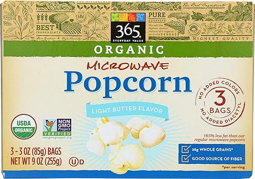 365 Everyday Value, Organic Microwave Popcorn, Light Butter Flavor, 3.5 Ounce Bags , 3 Count