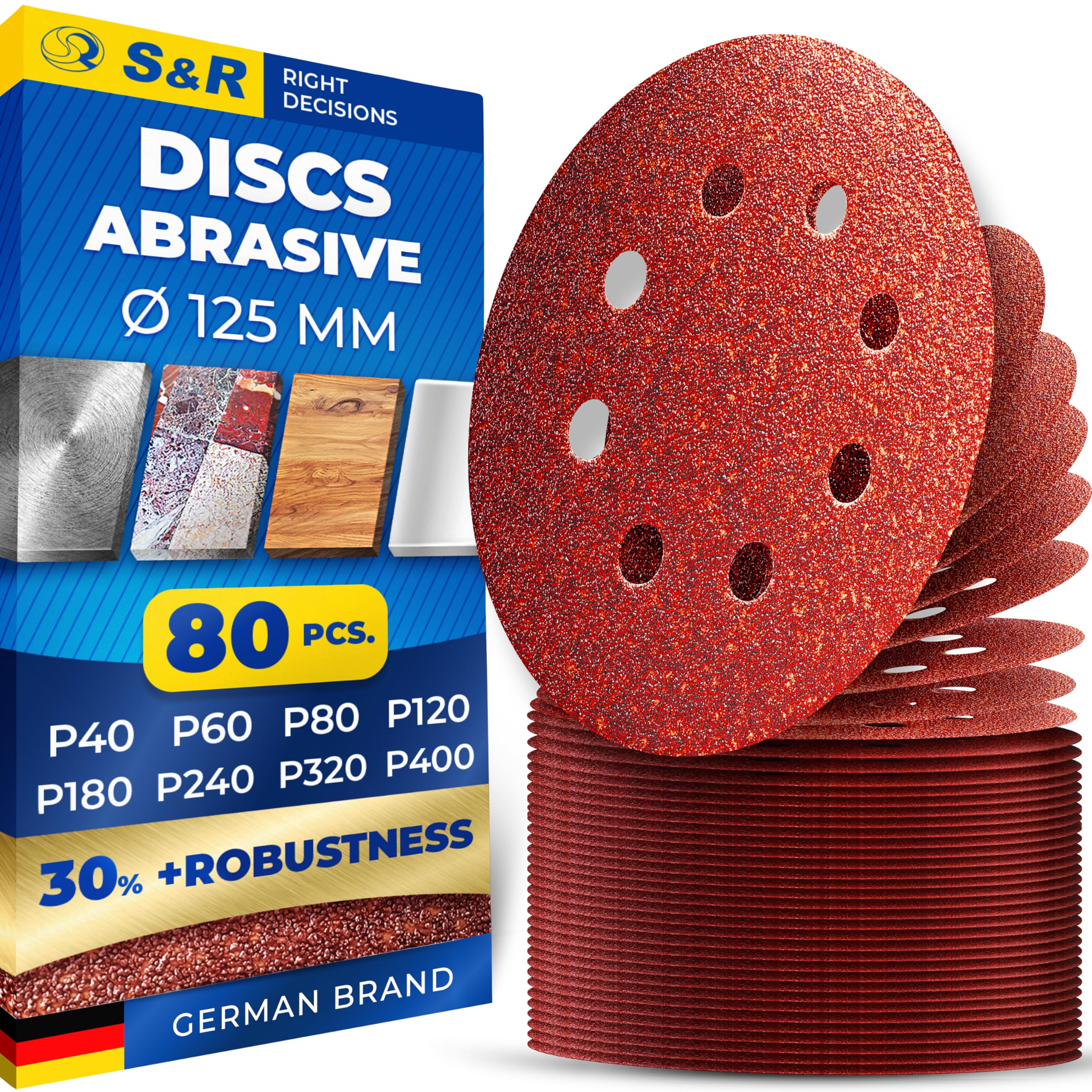S&R Klett Schleifpapier Professional, Set 125 mm 80 St: je 10x P40, P60, P80, P120, P180, P240, P320, P400, 8 Löcher, Schleifblätter für Exzenterschleifer