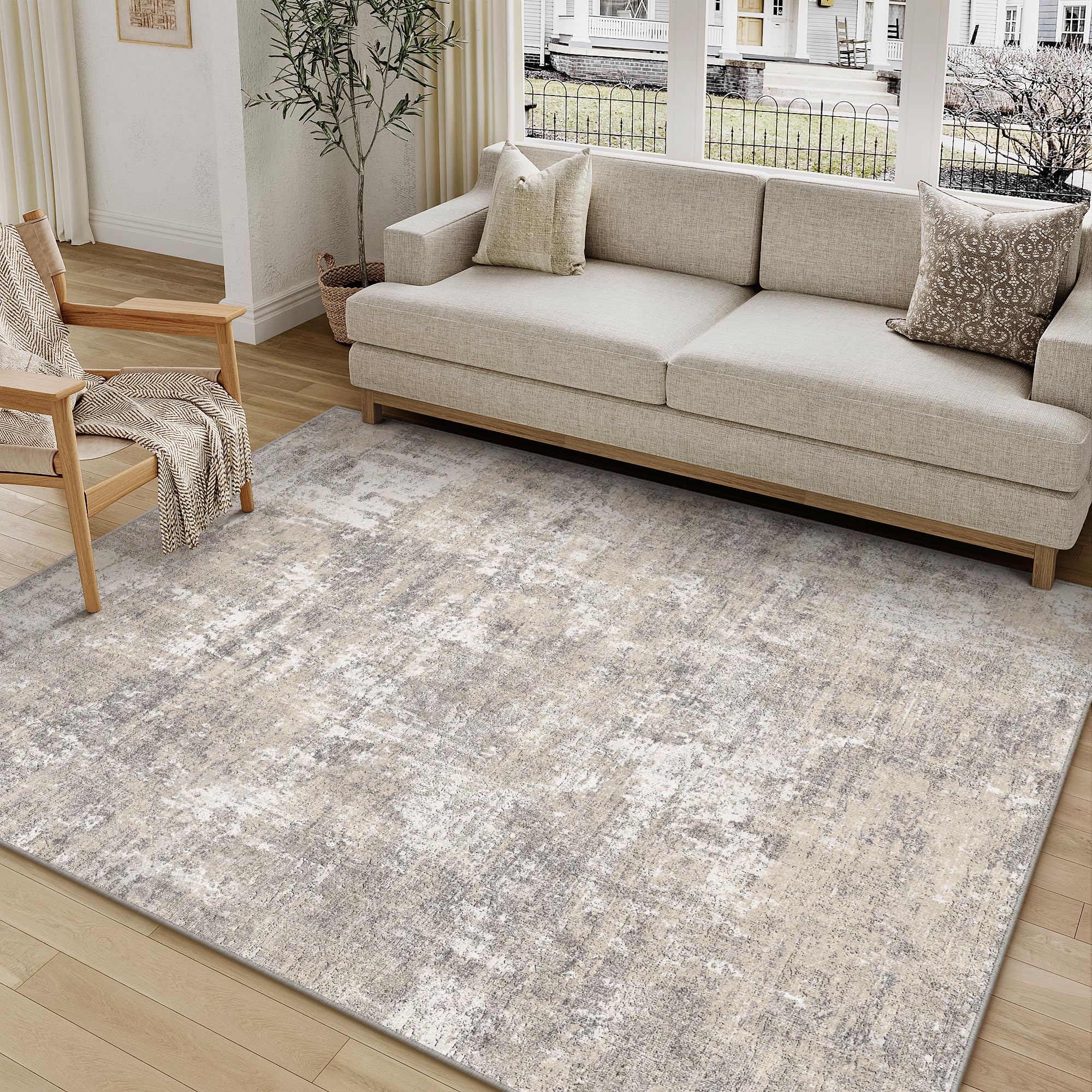 Photo 1 of PureCozy Machine Washable Area Rug 4x6 Beige Gray Modern Abstract Neutral Office Door Mat Indoor Accent Low Pile Carpet Distressed Throw Rug Bedroom Living Dining Room Kitchen Non Slip